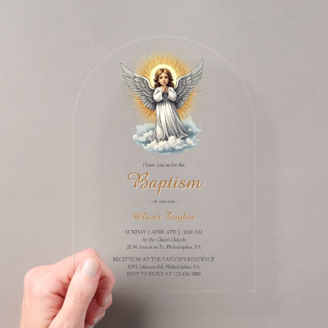 Invitations En Acrylique Élégant Ange Blanc Religieux Baptême chrétien (In situ (ordinateur de poche))