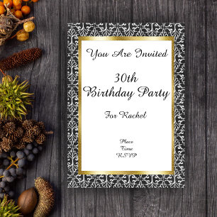 Invitations En Acrylique Elégant Anniversaire Damask Gold Frame Noir Blanc