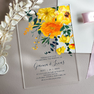 Invitations En Acrylique Elégant Aquarelle Jaune Botanique Floral Mariage