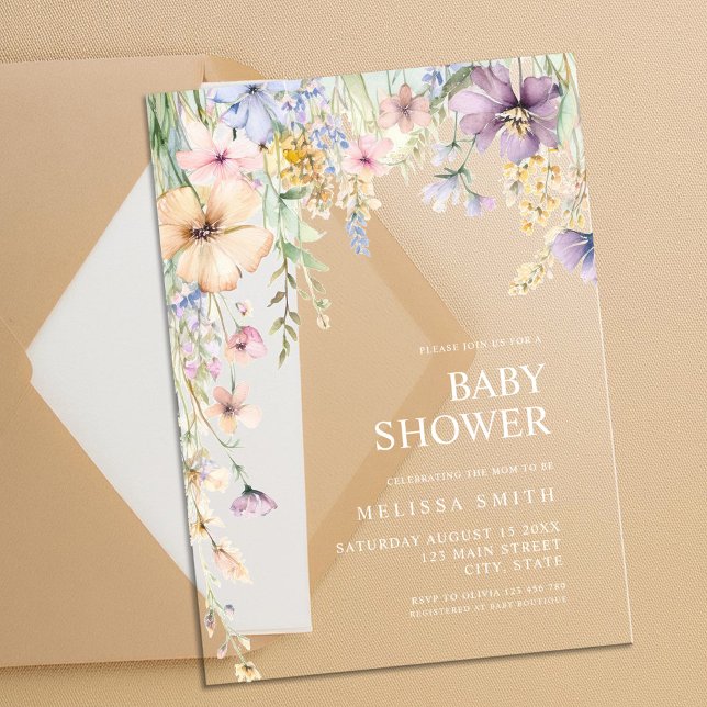 Invitations En Acrylique Élégant Baby shower Fleur sauvage botanique (Créateur téléchargé)