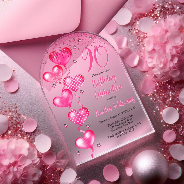Invitations En Acrylique Élégant Ballons de Coeur Rose 90e fête d'anniversa (Elegant Pink Heart Balloons "90" 90th Birthday Party Arched Acrylic Invitation)