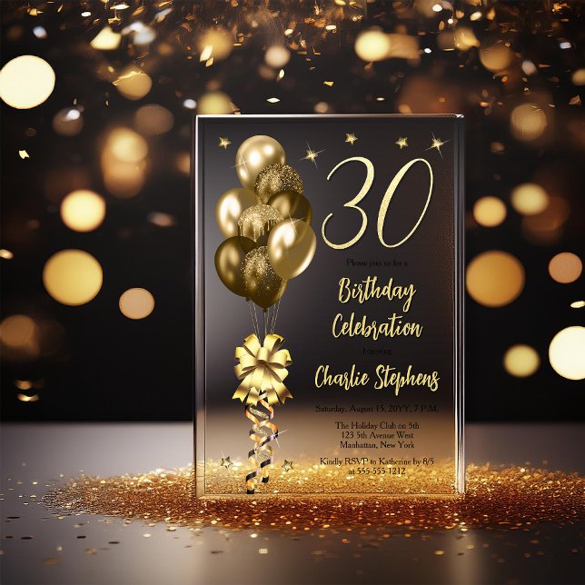 Invitations En Acrylique Elégant Ballons d'or sur Black 30th Birthday Party (Elegant Faux Gold Glitter Accented Balloons on Fade to Black Backing 30th Birthday Acrylic Invite)