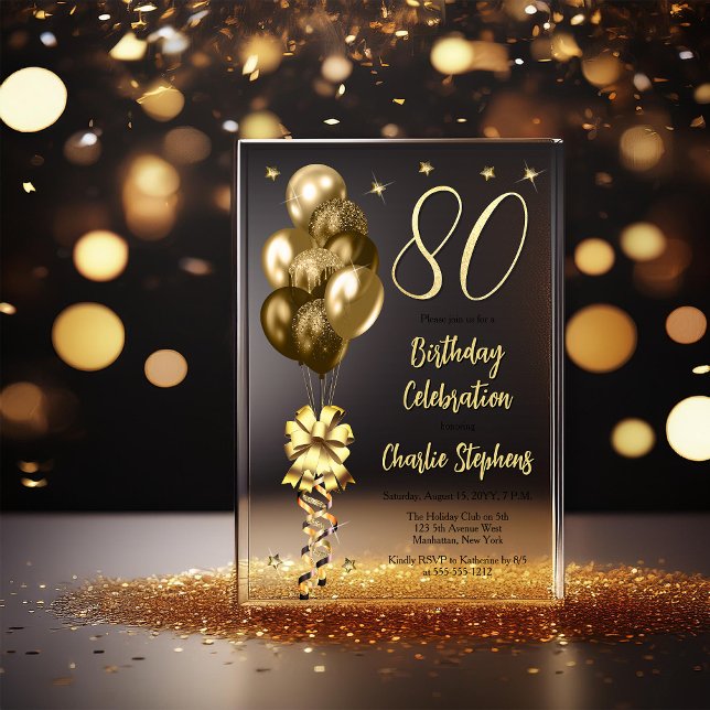 Invitations En Acrylique Elégant Ballons d'or sur Black 80th Birthday Party (Elegant Faux Gold Glitter Accented Balloons on Fade to Black Backing 80th Birthday Acrylic Invite)