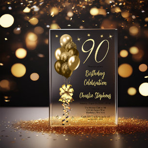Invitations En Acrylique Elégant Ballons d'or sur Black 90th Birthday Party