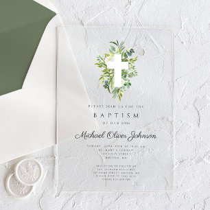 Invitations En Acrylique Élégant Baptême Religieux Croisé Botanique