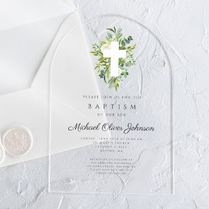 Invitations En Acrylique Élégant Baptême Religieux Croisé Botanique