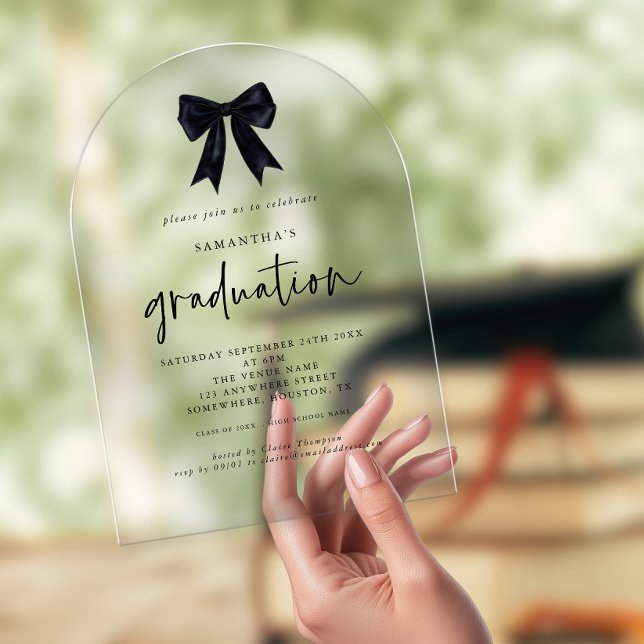 Invitations En Acrylique Élégant Black Coquette Bow Graduation Party (Créateur téléchargé)