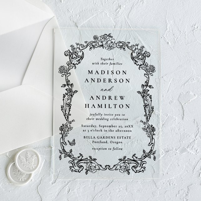 Invitations En Acrylique Elegant Black Victorian Floral Frame Wedding (Créateur téléchargé)