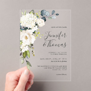 Invitations En Acrylique Elégant blanc aquarelle Floral Hydrangeas Mariage