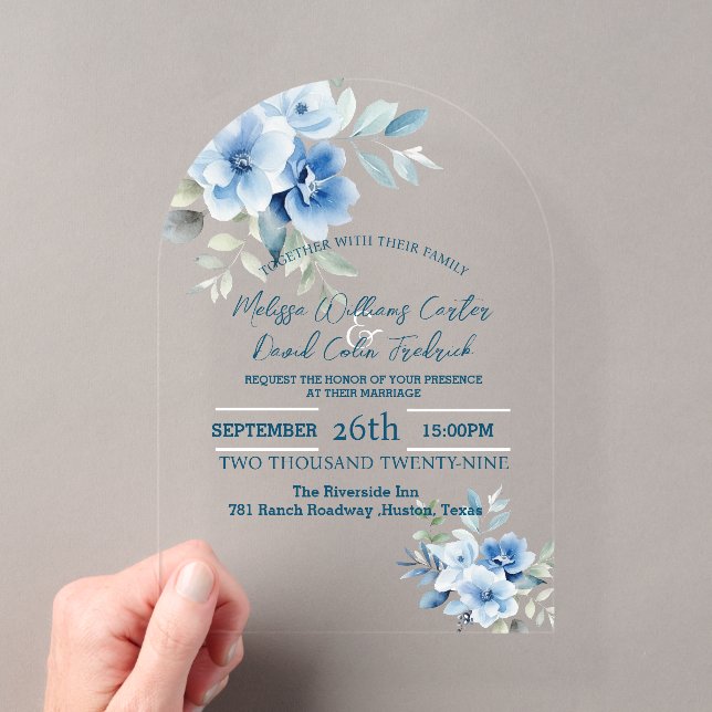 Invitations En Acrylique Elégant bleu aquarelle Botanique Floral Mariage (In situ (ordinateur de poche))