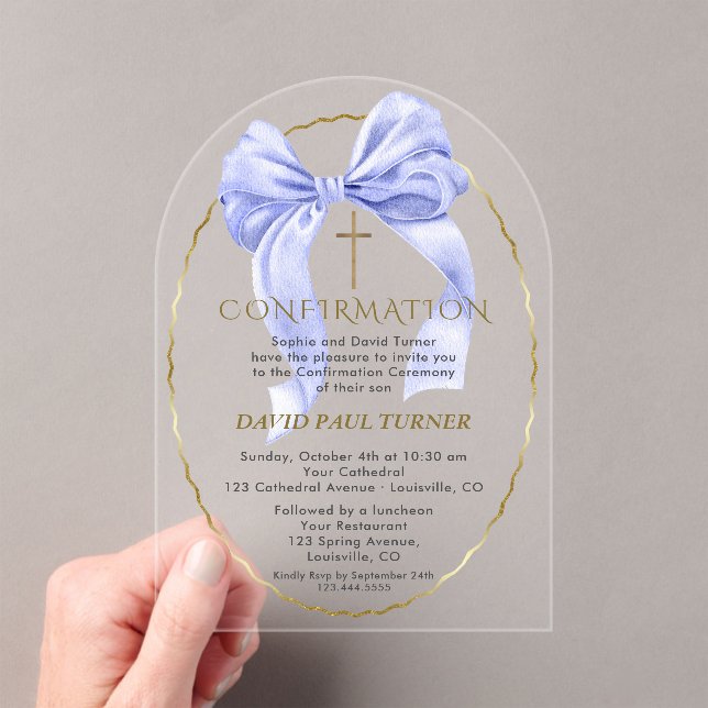 Invitations En Acrylique Elégant Bleu Bow Gold Boy Confirmation Transparent (In situ (ordinateur de poche))