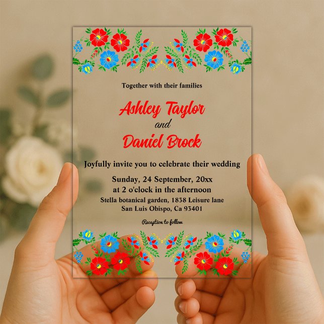 Invitations En Acrylique Elégant bleu rouge Roses Botanique Floral Mariage (Créateur téléchargé)