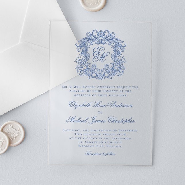 Invitations En Acrylique Elégant bleu Vintage Monogram Crest Mariage (Créateur téléchargé)