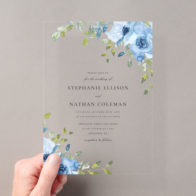 Invitations En Acrylique Elegant Blue Floral Greenery Wedding (In situ (ordinateur de poche))
