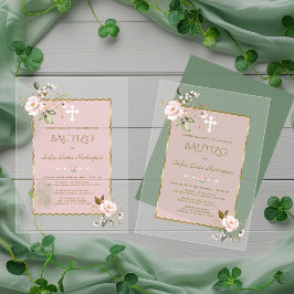 Invitations En Acrylique Élégant Blush rose Con Flores Or Bautizo