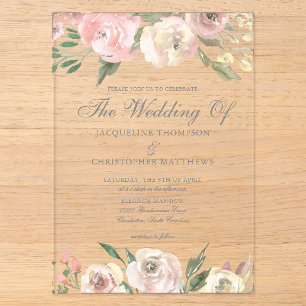 Invitations En Acrylique Elégant Blush rose ivoire floral de printemps mari