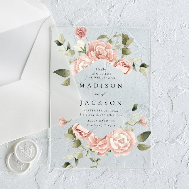 Invitations En Acrylique Elégant Blush Roses et Mariage de verdure (Créateur téléchargé)