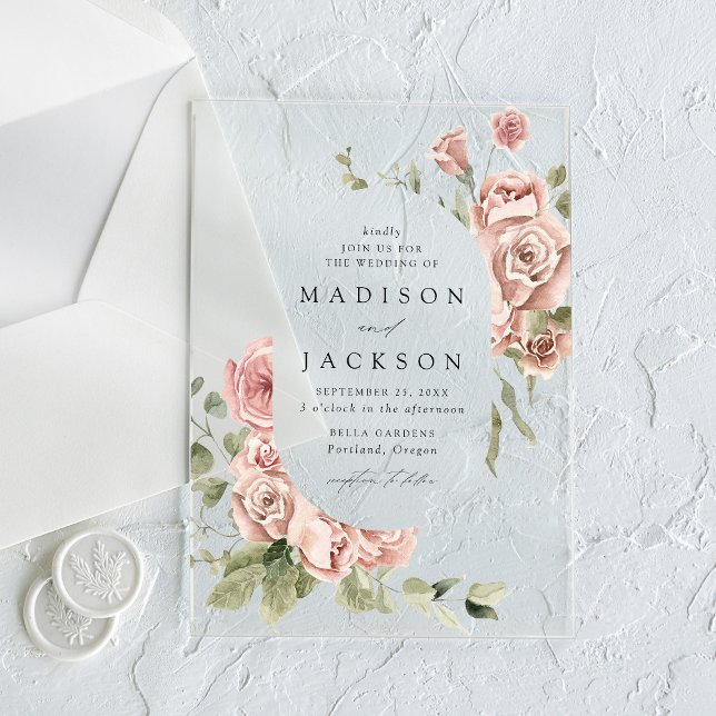 Invitations En Acrylique Elégant Blush Roses et Mariage de verdure (Créateur téléchargé)