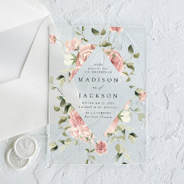 Invitations En Acrylique Elégant Blush Roses et Mariage de verdure