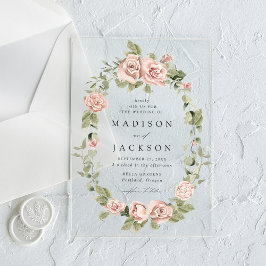 Invitations En Acrylique Elégant Blush Roses et Mariage de verdure