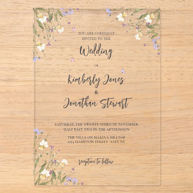 Invitations En Acrylique Elegant Boho Whimsical fleur sauvage Mariage (Recto)