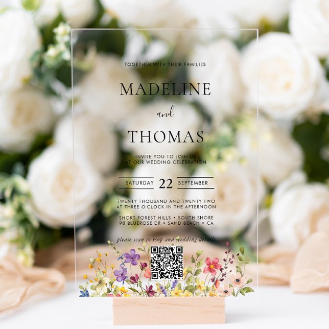 Invitations En Acrylique Elegant Boho Wild Flower Photo QR Code Mariage (Créateur téléchargé)
