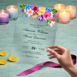 Invitations En Acrylique Élégant Bold Coloré Fleurs aquarelle mariage