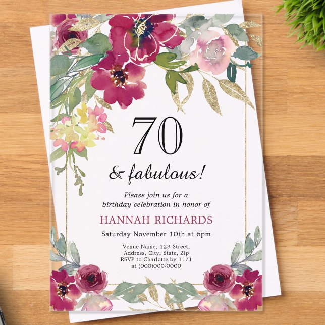 Invitations En Acrylique Elégant Bourgogne rose or floral 70e anniversaire (Créateur téléchargé)