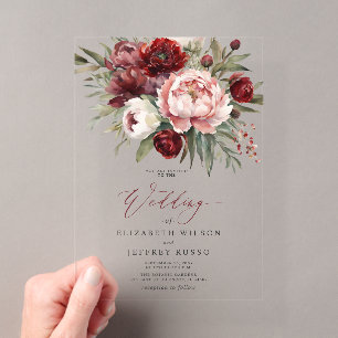 Invitations En Acrylique Élégant Burgundy Blush Botanical Floral Mariage