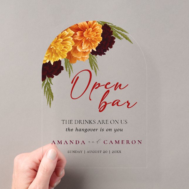 Invitations En Acrylique Elegant Burgundy Red  "MARIGOLD" Wedding Open Bar (In situ (ordinateur de poche))