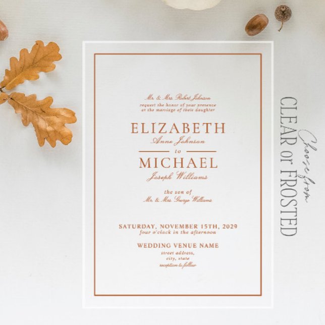 Invitations En Acrylique Élégant Burnt Orange Classic Script Mariage (Créateur téléchargé)