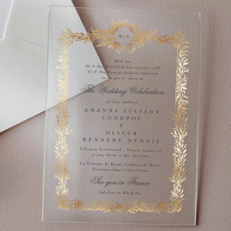Invitations En Acrylique élégant cadre botanique or monographie mariage
