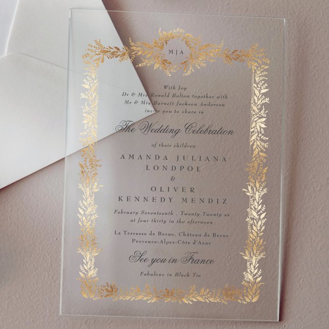 Invitations En Acrylique élégant cadre botanique or monographie mariage (Créateur téléchargé)