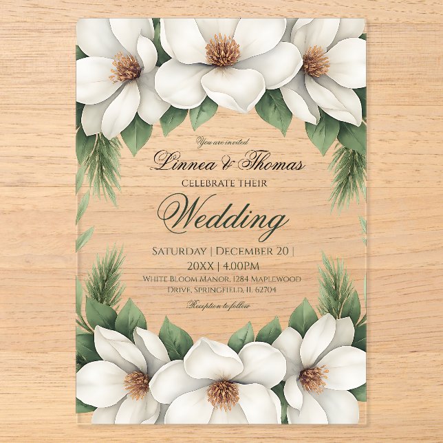 Invitations En Acrylique Elégant cadre de pin Mariage Magnolia blanc (Recto)