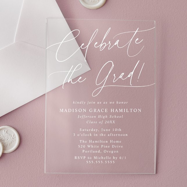 Invitations En Acrylique Elégant Célébrer la Grad White Script Grad Grad (Créateur téléchargé)