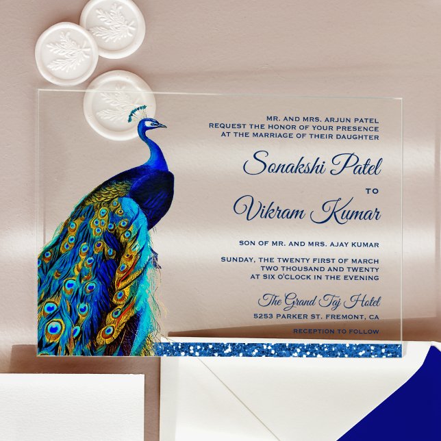 Invitations En Acrylique Elegant Chic Blue Glitter Peacock Indian Wedding (Créateur téléchargé)