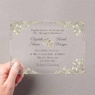 Invitations En Acrylique Élégant Chic Cœurs de Mariage en Dentelle d'Or 