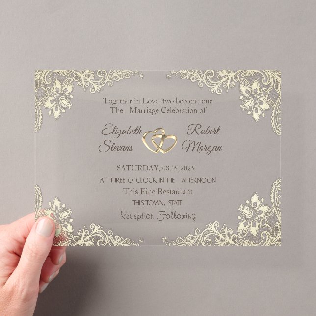 Invitations En Acrylique Élégant Chic Gold Hearts Mariage dentelle (In situ (ordinateur de poche))