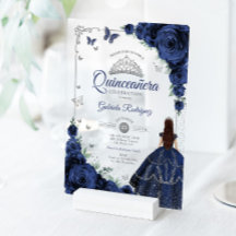 Elegant Chic Navy Roses Silver Quinceanera 