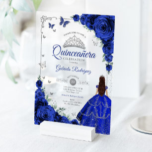 Invitations En Acrylique Élégant Chic Roses Bleu Royal Quinceanera Argent