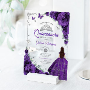 Invitations En Acrylique Élégant Chic Roses Violettes Quinceanera Argentée 