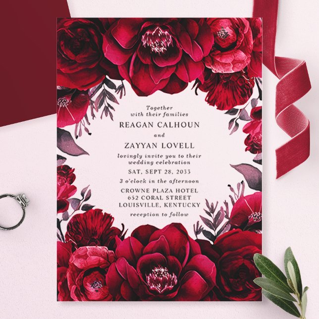 Invitations En Acrylique Élégant Crimson profond Rouge Floral Mariage roman (Créateur téléchargé)