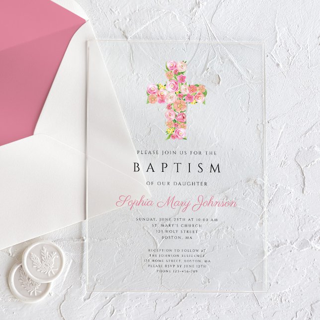 Invitations En Acrylique Élégant culte rose floral croix Baptême (Elegant Religious Pink Floral Cross Baptism Acrylic Invitations)