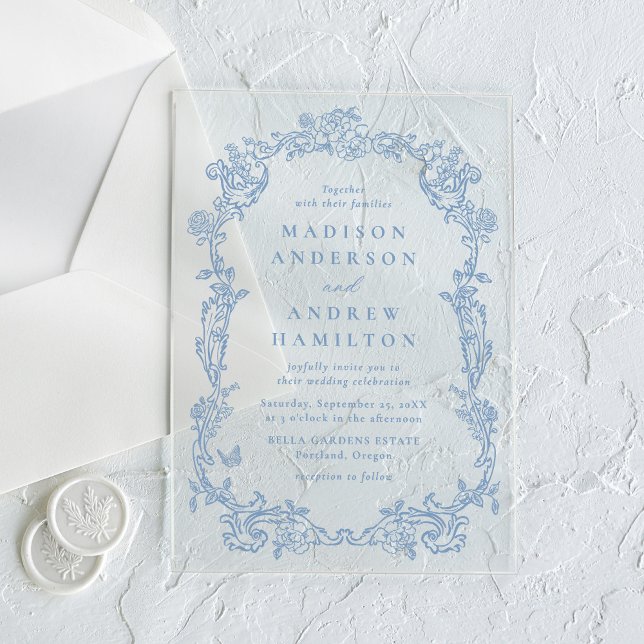 Invitations En Acrylique Elegant Dusty Blue Victorian Floral Frame Wedding (Créateur téléchargé)