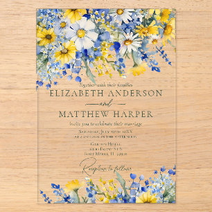 Invitations En Acrylique Elégant Dusty Fleur sauvage Jaune Boho Mariage