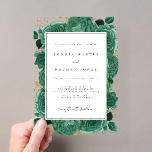 Invitations En Acrylique Élégant Émeraude Et Rose Or Mariage clair