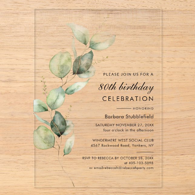 Invitations En Acrylique Elégant Eucalyptus fête du 80e anniversaire (Recto)
