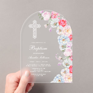 Invitations En Acrylique Élégant Fleurs Aquarelle Arche Baptême