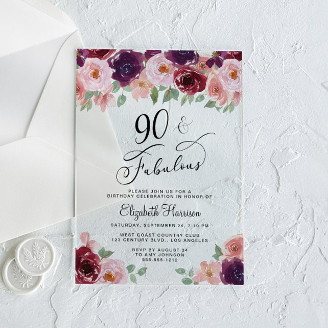 Invitations En Acrylique Elegant Floral 90th Birthday Party (Créateur téléchargé)