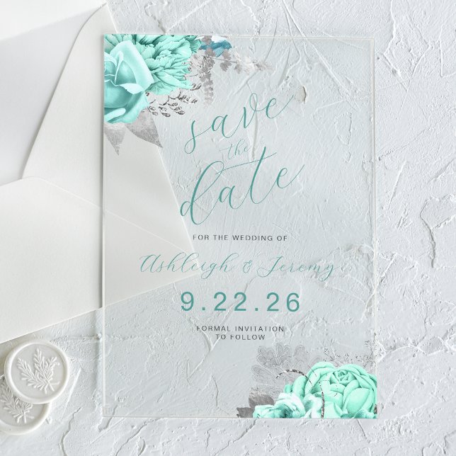 Invitations En Acrylique Elegant Floral Aqua Silver Save the Date (Créateur téléchargé)